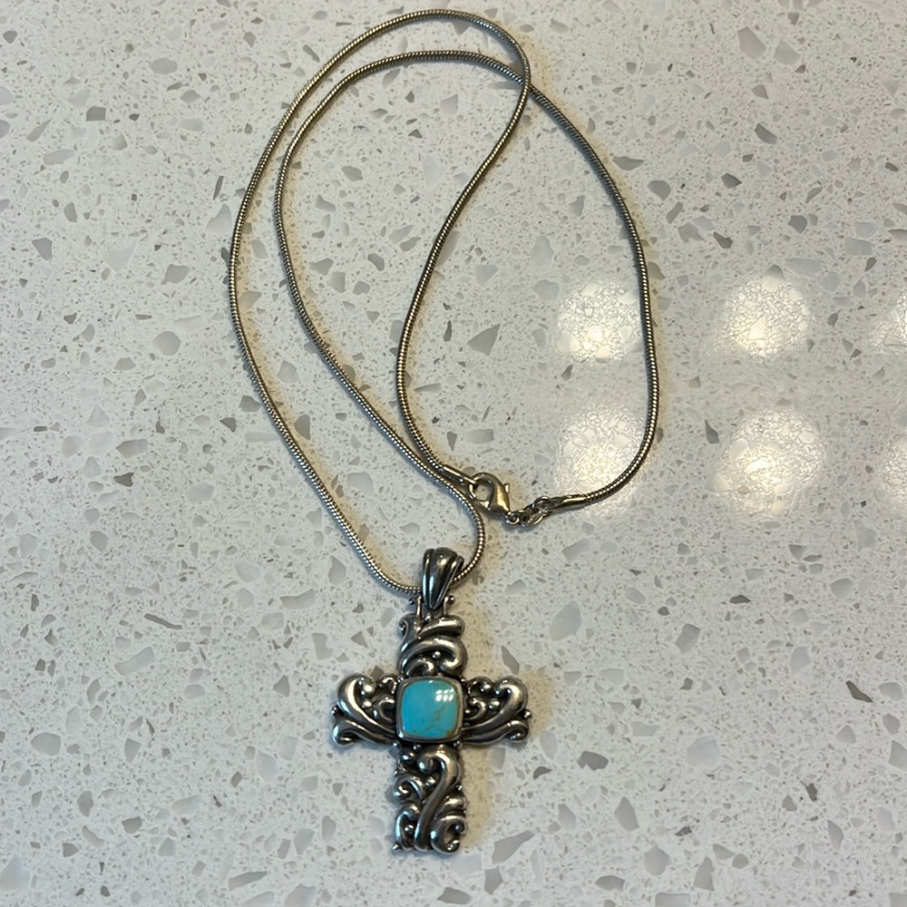 Silver, 925 Scroll Cross Pendant With  Blue Turquoise & Chain